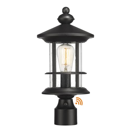 Emliviar Dusk to Dawn Outdoor Post Light, 16.6 Inch Farmhouse Exterior Pole Lantern Lighting with Photocell Sensor, Aluminum with Seeded Glass, Black Finish, WE248P-PC BK