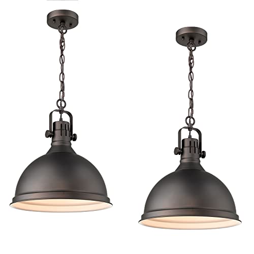 Emliviar 2 Pack Farmhouse Pendant Lights, 14 Inch Hanging Kitchen Lights with Metal Shade, Oil Rubbed Bronze Finish, 4054L ORB-2PK