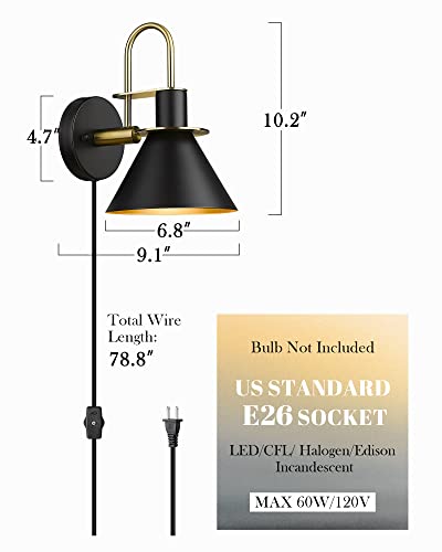 
                  
                    HWH Plug in Wall Lamp Wall Sconce Lighting with On Off Switch, Black Metal and Gold, 5HZG56B-G BK+BG
                  
                