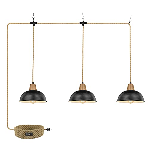 
                  
                    Emliviar Triple Pendant Light with Plug in Cord - Modern Industrial Hanging Light with Dome Metal Shade and 21FT Hemp Rope, Black Finish, GE268-3 BK+WD
                  
                