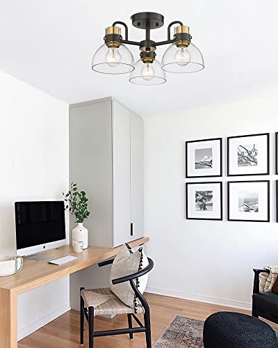 
                  
                    HWH Modern Semi Flush Mount Ceiling Light with Clear Glass Shade, Black and Gold Finish, for Kitchen, Bedroom, Living Room, 5HZG68F-3 BK+BG
                  
                