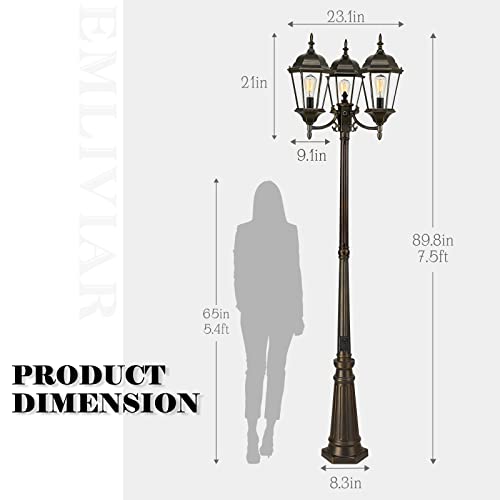 
                  
                    Emliviar Vintage Outdoor Street Light with Plug-in GFCI Outlet and Dusk to Dawn Sensor, 90" Rustic Triple Head Lamp Post Light for Garden, Aluminum with Clear Glass, WE261PL-3 PC+G BG
                  
                