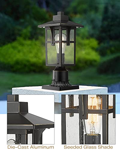 
                  
                    HWH Exterior Post Light Outdoor Pole Lantern with Seeded Glass Shade, Matte Black Pillar Light Fixture with Gold Edge, 5HX62P BG
                  
                