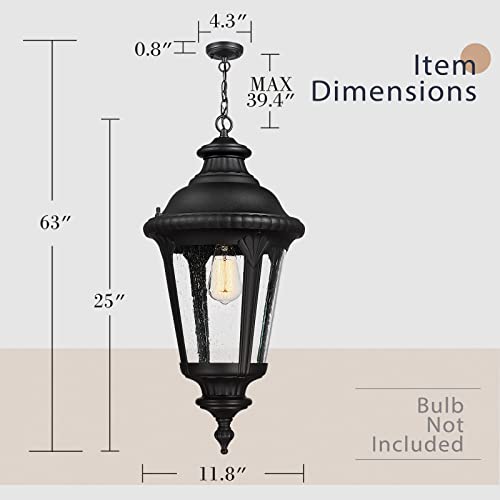 
                  
                    Emliviar Vintage Outdoor Pendant Light, 25 Inch Large Outdoor Hanging Light with Seeded Glass, Black Finish, XE265H BK
                  
                