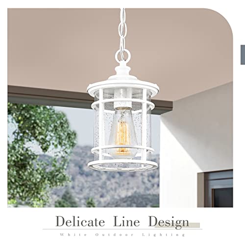 
                  
                    Emliviar 1-Light Outdoor Pendant Lighting for Porch, Modern 10-Inch Exterior Hanging Lantern Light with Seeded Glass, White Finish, XE229H-S WH
                  
                