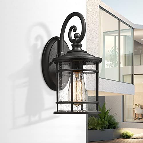 
                  
                    Emliviar Outdoor Wall Light Fixture - Modern Exterior Wall Sconce for House with Seeded Glass Shade, 12.5 Inch Height, Black Finish,XE229B-S BK
                  
                