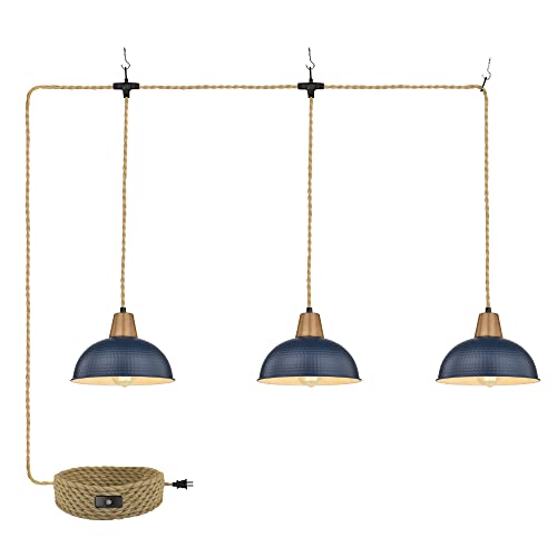 Emliviar 3-Light Hanging Light with Plug in Cord, Modern Pendant Light for Kitchen Island with 21FT Adjustable Twisted Hemp Rope, Blue Finish, GE268-3 BL+WD