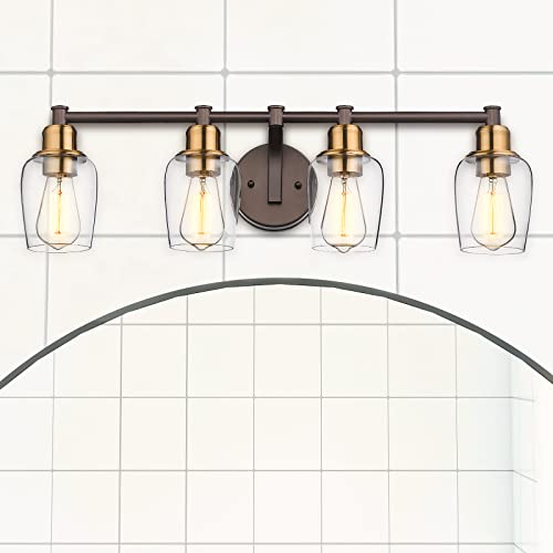 
                  
                    Emliviar Farmhouse Bathroom Light Fixture, 4-Light Vanity Light Fixture with Clear Glass, Oil Rubbed Bronze and Gold Finish,6005-4W ORB+BG
                  
                