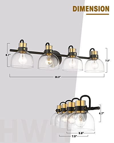 
                  
                    HWH Bathroom Vanity Light Fixtures Wall Vanity Sconce, Clear Glass Shade, Black and Gold Finish, 5HZG68B-4W BK+BG
                  
                