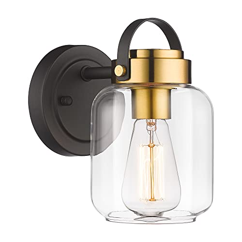 HWH Farmhouse Wall Light, 1-Light Wall Sconce Vanity Light with Clear Glass Shade, Bedside, Kitchen, Black and Brushed Gold Finish, 5HZG61B BK+BG