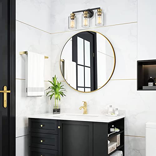 
                  
                    Emliviar 3-Light Modern Bathroom Light with Clear Glass, 17 Inch Industrial Vanity Lighting Fixture, Black and Gold Finish, YCE253B-3W BK+BG
                  
                