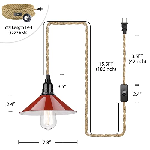 
                  
                    Emliviar Hanging Pendant Light with Plug in Cord - Industrial Ceiling Pendant Light Fixture with Hemp Rope for Kitchen Dining Room, Red Finish, YCE241-M1L RED
                  
                