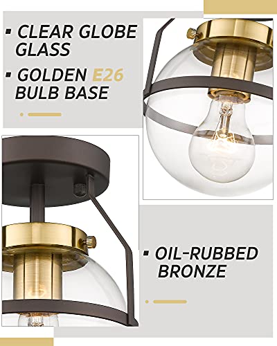 
                  
                    HWH Modern Semi Flush Mount Ceiling Light Industrial Close to Ceiling Lighting Fixture with Clear Globe Glass Shade, Oil-Rubbed Bronze with Gold Finish, 5HZG58F ORB+BG
                  
                