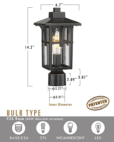 
                  
                    HWH Exterior Post Light Outdoor Pole Lantern with Seeded Glass Shade, Matte Black Pillar Light Fixture with Gold Edge, 5HX62P BG
                  
                