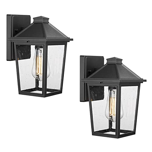 HWH Outdoor Wall Lantern 2 Pack Exterior Wall Sconce Light Fixtures with Seeded Glass, Industrial 1-Light Front Porch Light, Matte Black, 5HX64B-2PK BK