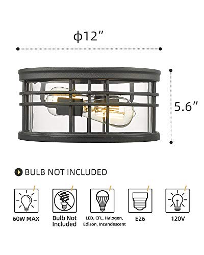 
                  
                    HWH 2-Light Flush Mount Ceiling Light Fixture Farmhouse Close to Ceiling Lights with Clear Glass Shade, 12'' Matte Black, 5HW49-F BK
                  
                