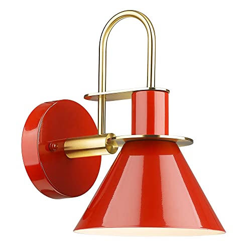 HWH Single Wall Sconce Light Fixture Vintage Bathroom Vanity Lighting, 1-Light Wall Lamp Glossy Red and Brushed Gold Finish, 5HZG56B RED+BG