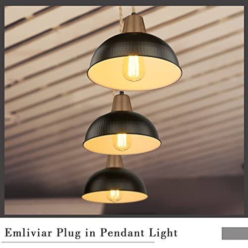 
                  
                    Emliviar Triple Pendant Light with Plug in Cord - Modern Industrial Hanging Light with Dome Metal Shade and 21FT Hemp Rope, Black Finish, GE268-3 BK+WD
                  
                