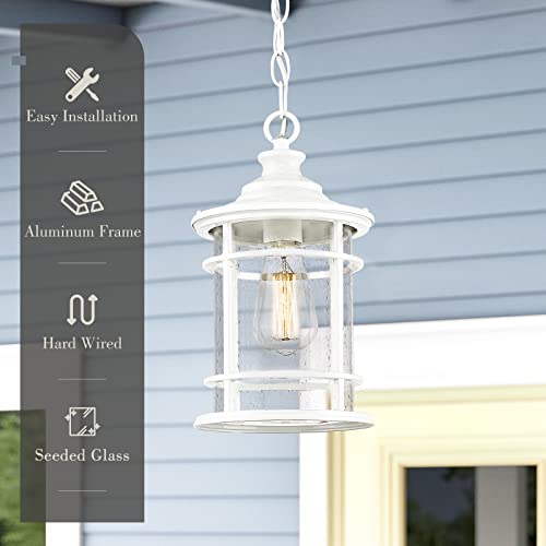 
                  
                    Emliviar Outdoor Hanging Light for Porch, Exterior Pendant Light Waterproof Ceiling Mount with Seeded Glass, White Finish, XE229H WH
                  
                