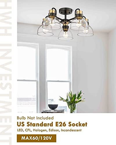 
                  
                    HWH Semi Flush Mount Ceiling Light Fixtures with Clear Glass Shade, Black and Gold Finish, for Kitchen, Dining, Living Room, 5HZG68F-5 BK+BG
                  
                