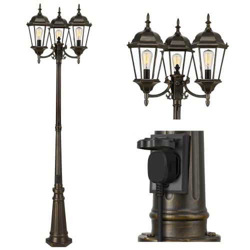 
                  
                    Emliviar Vintage Outdoor Street Light with Plug-in GFCI Outlet and Dusk to Dawn Sensor, 90" Rustic Triple Head Lamp Post Light for Garden, Aluminum with Clear Glass, WE261PL-3 PC+G BG
                  
                