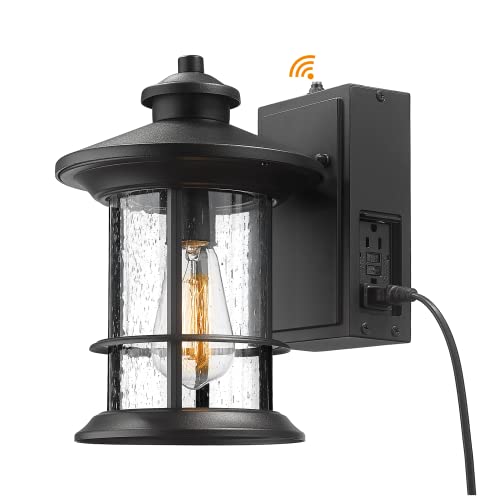
                  
                    Emliviar Porch Light with Built-in GFCI Outlet, Dusk to Dawn Outdoor Lighting Photocell Sensor, Aluminum with Seeded Glass, Black Finish, WE248B-PC-G BK
                  
                