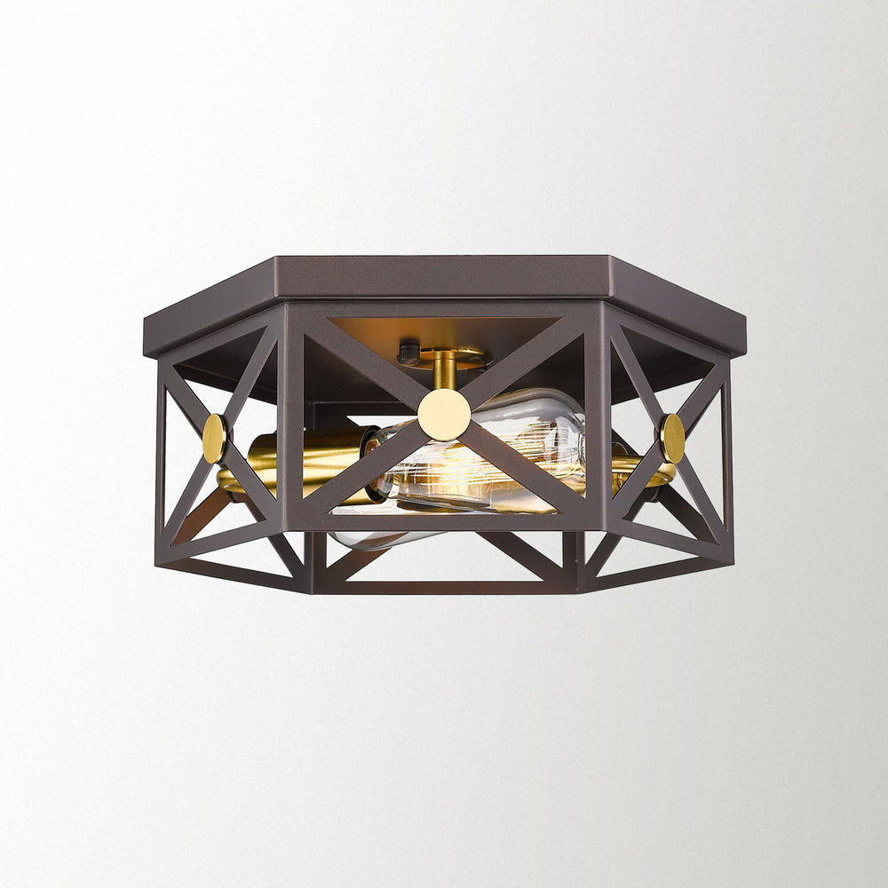 Emliviar 12 Inch Ceiling Light Fixture, 2-Light Farmhouse Flush Mount Light Fixture, Oil Rubbed Bronze and Gold Finish,GE245F ORB+BG