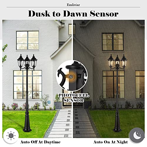 
                  
                    Emliviar Dusk to Dawn Street Light with GFCI Outlet, 86" 3-Head Modern Street Light with Sensor for Patio Backyard, Aluminum with Seeded Glass, Black Finish, WE251PL-3 PC+G BK
                  
                