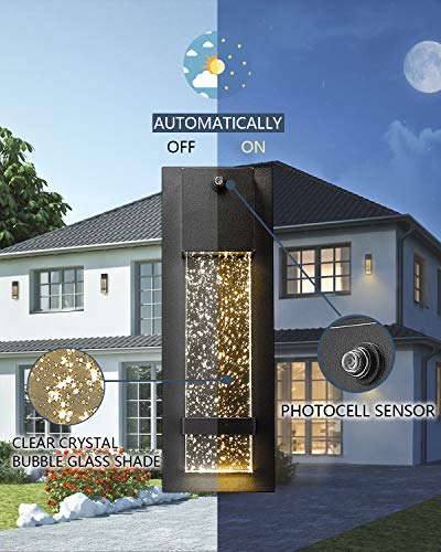 
                  
                    Emliviar LED Dusk to Dawn Outdoor Wall Light Fixture Exterior Wall Sconce Porch Light 2 Pack, Outside Wall Lights in Black Finish with Crystal Bubble Glass
                  
                