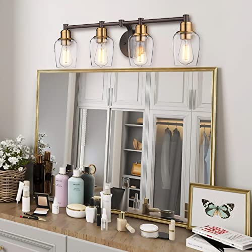 
                  
                    Emliviar Farmhouse Bathroom Light Fixture, 4-Light Vanity Light Fixture with Clear Glass, Oil Rubbed Bronze and Gold Finish,6005-4W ORB+BG
                  
                