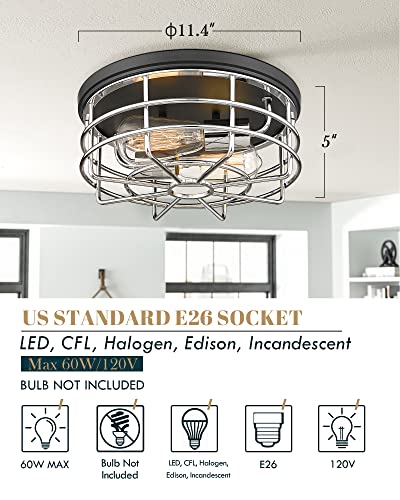 
                  
                    HWH Flush Mount Ceiling Ligh 2-Light Metal Cage Ceiling Light, Industrial Light Fixture Ceiling, Matte Black Finish, 5HLT65F BK+CH
                  
                
