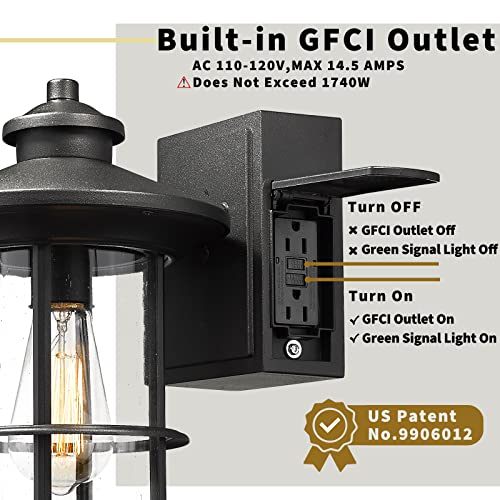 
                  
                    Emliviar Outdoor Wall Lantern with Built-in GFCI Outlet, Modern Outdoor Wall Mount Light for Patio Porch, Seeded Glass in Black Finish,WE248B-G BK
                  
                