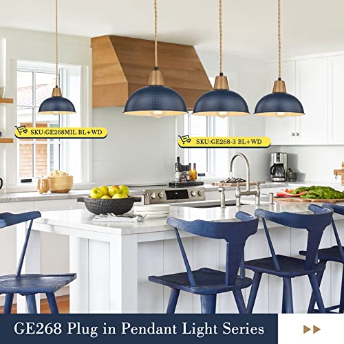 
                  
                    Emliviar 3-Light Hanging Light with Plug in Cord, Modern Pendant Light for Kitchen Island with 21FT Adjustable Twisted Hemp Rope, Blue Finish, GE268-3 BL+WD
                  
                