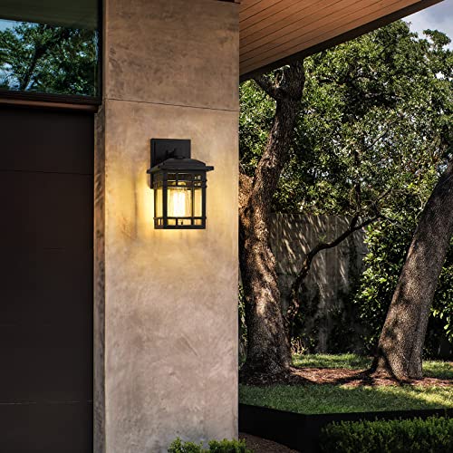 
                  
                    Emliviar Outdoor Porch Light - Modern Exterior Light Fixture for House Garage, Black Finish with Seeded Glass Shade,XE228B BK
                  
                