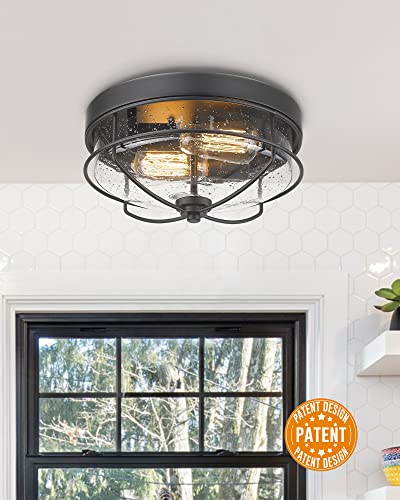 
                  
                    Emliviar Flush Mount Ceiling Light Fixtures 12'' 2-Light Farmhouse Close to Ceiling Light Fixture with Seeded Glass Shade, Sand Black Finish
                  
                