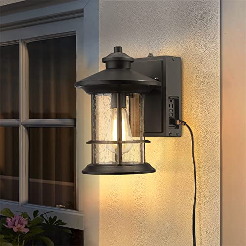 Emliviar Porch Light With Built In Gfci Outlet Dusk To Dawn Outdoor Lighting Photocell Sensor Aluminum Seeded Glass Black Finish We248b Pc G