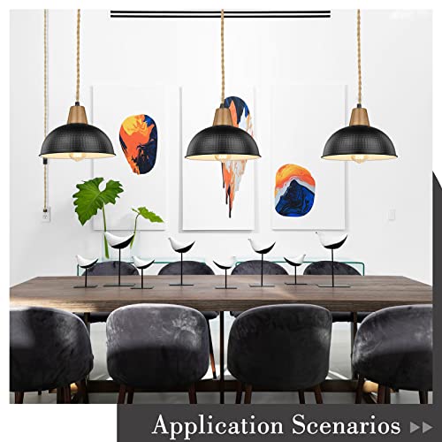 
                  
                    Emliviar Triple Pendant Light with Plug in Cord - Modern Industrial Hanging Light with Dome Metal Shade and 21FT Hemp Rope, Black Finish, GE268-3 BK+WD
                  
                
