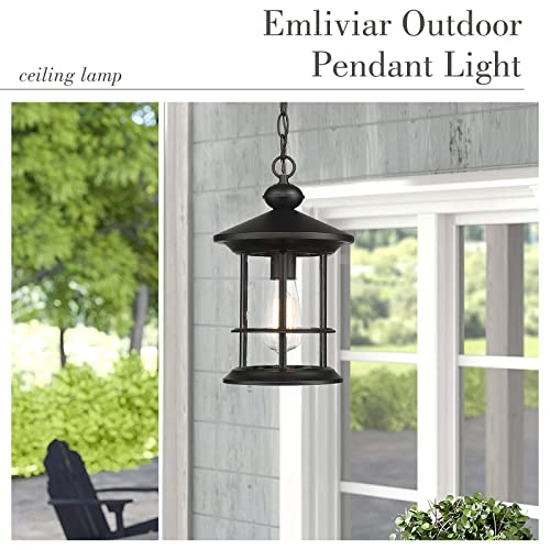 
                  
                    Emliviar Modern Industrial Outdoor Pendant Light for Porch, 13 Inch Exterior Hanging Light Fixture, Seeded Glass Shade in Black Finish, WE248H BK
                  
                