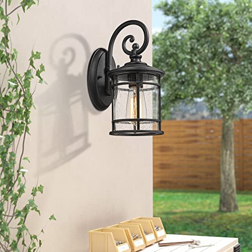 
                  
                    Emliviar Outdoor Wall Light Fixture - Modern Exterior Wall Sconce for House with Seeded Glass Shade, 12.5 Inch Height, Black Finish,XE229B-S BK
                  
                