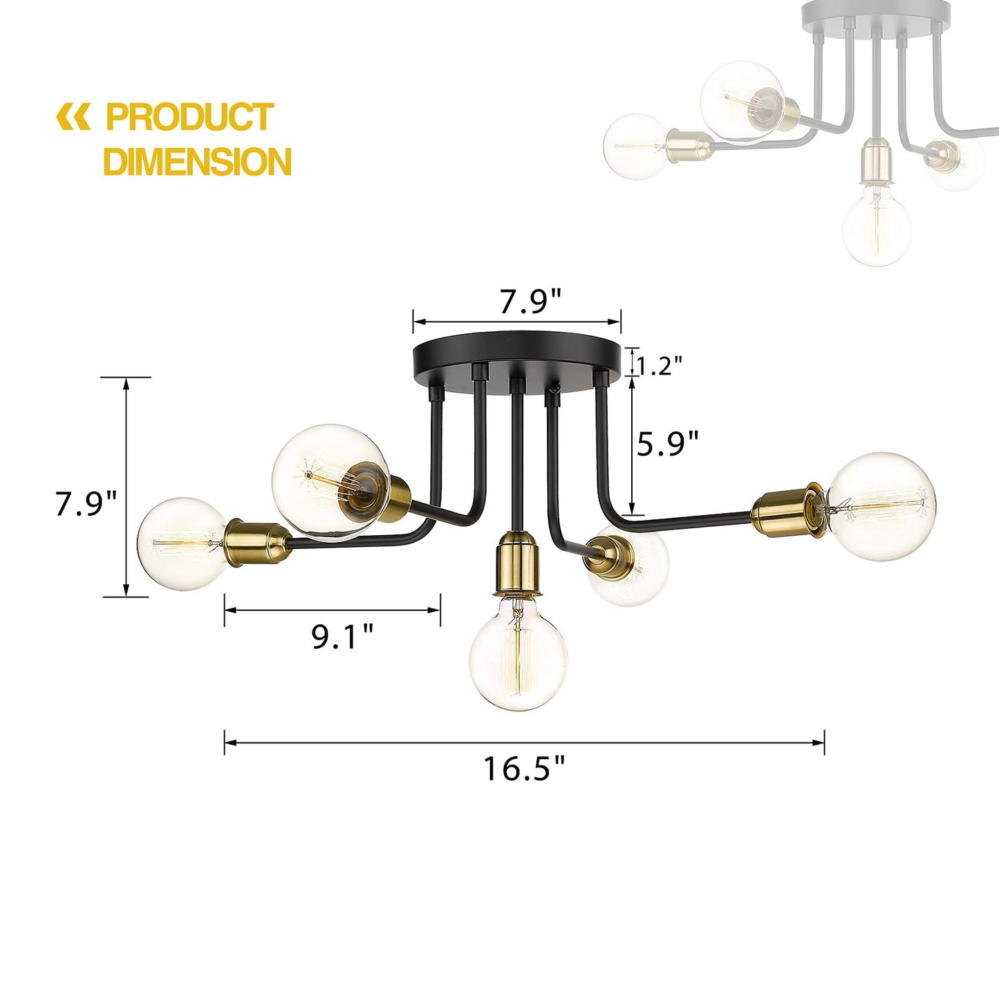 
                  
                    Emliviar Industrial Flush Mount Ceiling Light Sputnik Chandelier, Black and Gold Finish,YCE233F-5 BK+AG
                  
                