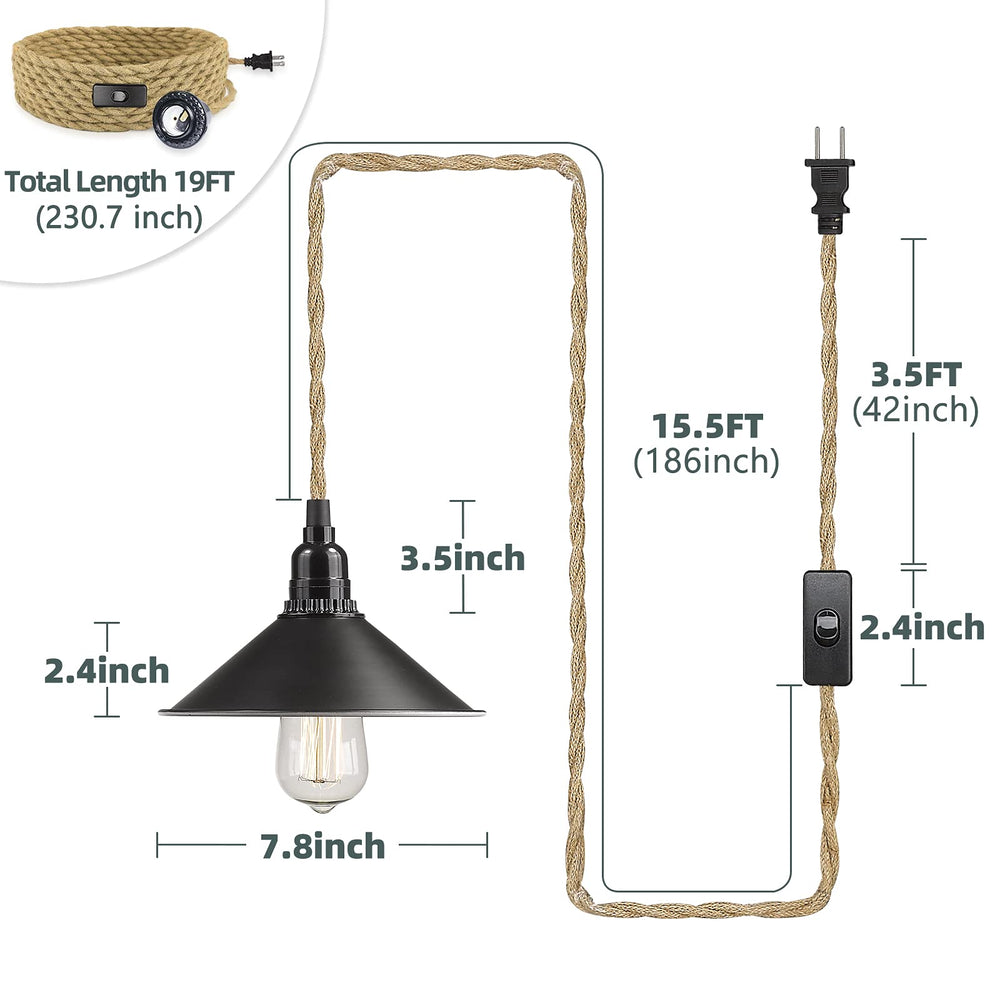 
                  
                    Emliviar Industrial Plug in Hanging Light - Modern Pendant Light with Cord Twisted Hemp Rope, Metal Shade Light Kit with Switch, Black Finish,YCE241-M1L BK
                  
                