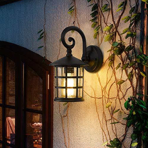 
                  
                    Emliviar Outdoor Wall Lantern Sconce - Industrial Exterior Wall Mount Light Fixture for Garage, Seeded Glass in Black Finish,XE222B BK
                  
                