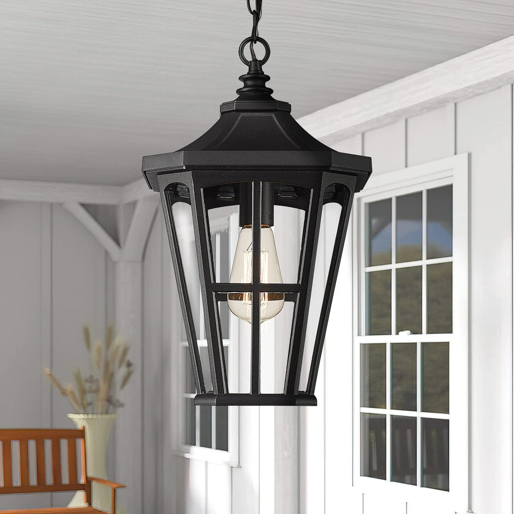 
                  
                    Emliviar Farmhouse Outdoor Hanging Light for Porch - 16 Inch Large Exterior Pendant Light, Clear Glass Shade in Black Finish, XE221H BK
                  
                