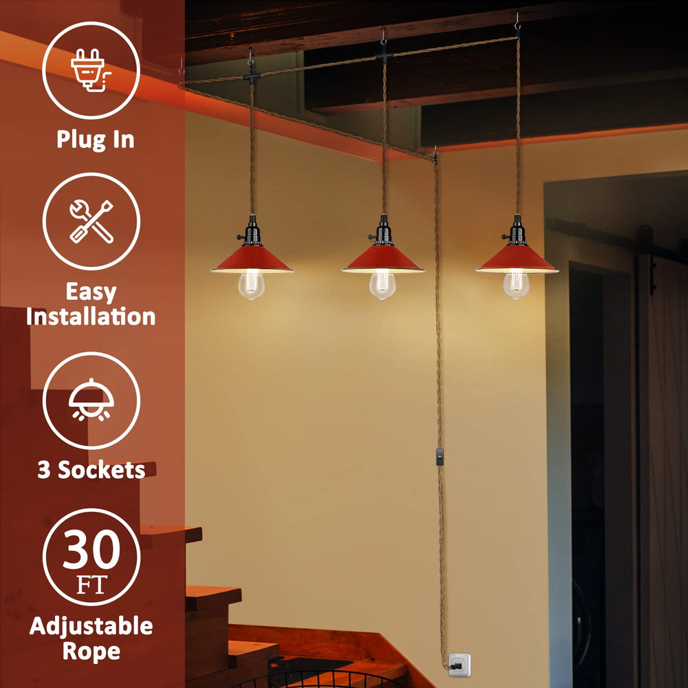 
                  
                    Emliviar Hanging Pendant Light with Plug in Cord - 3-Light Hanging Lamps for Kitchen Dining Room Bedroom, Red Finish, YCE241-3 RED
                  
                