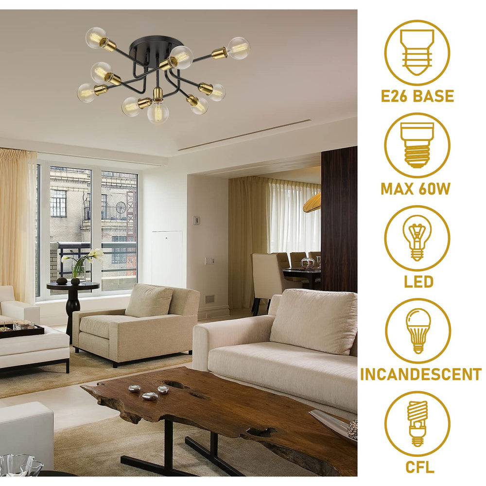 
                  
                    Emliviar Modern Sputnik Chandelier Flush Mount - 9-Light Industrial Semi Flush Mount Ceiling Light, Black and Gold Finish, YCE232F-9 BK+AG
                  
                