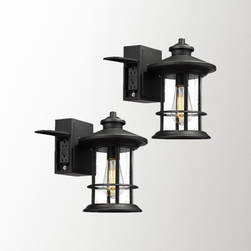 
                  
                    Emliviar Outdoor Wall Lantern with Built-in GFCI Outlet, Modern Outdoor Wall Mount Light for Patio Porch, Seeded Glass in Black Finish,WE248B-G BK
                  
                