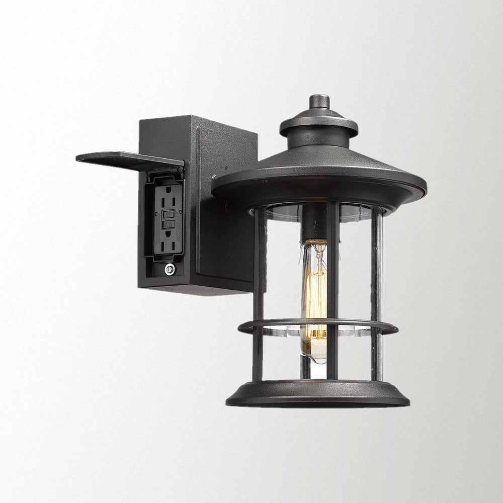 Emliviar Outdoor Wall Lantern with Built-in GFCI Outlet, Modern Outdoor Wall Mount Light for Patio Porch, Seeded Glass in Black Finish,WE248B-G BK