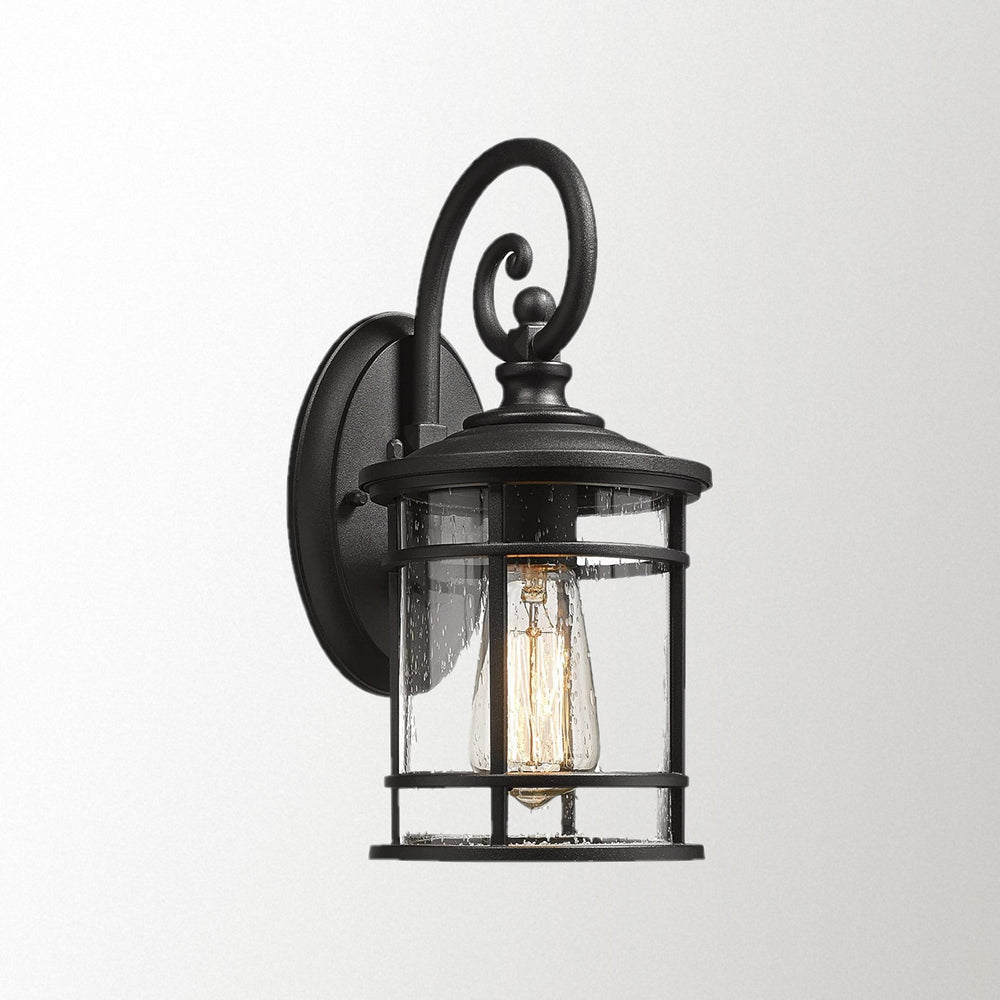 Emliviar Modern Outdoor Wall Lantern - Exterior Carriage Light for Garage Front Porch with Seeded Glass Shade, 15.5 Inch Height, Black Finish,XE229B BK